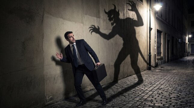 Frightened businessman running from a menacing devil shadow on a dark city street at night, dramatic low-angle composition, conceptual image for fear and danger