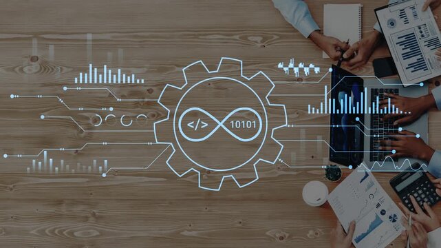 Modern Technology Interface With Data Visualization And Software Development Elements On Wooden Desk In Office Setting. Entropy.