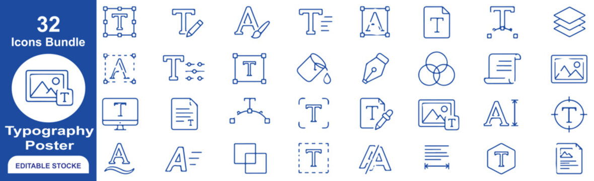 32 Typography Vector Outline Icons Set &ndash; Text Editing, Font Design, Lettering, Poster Layout and Graphic Design Symbols Collection