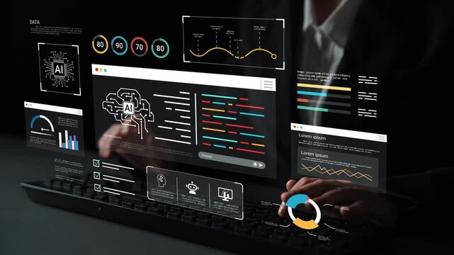 Futuristic interface showcasing artificial intelligence data analytics with visual graphs and statistics on a sleek dark background Gluon.
