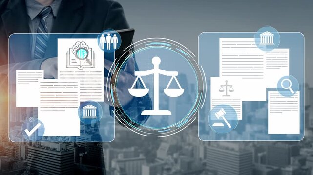 Digital transformation in law, showcasing balance scales, legal documents, technology integration, and innovative practices in modern legal systems. Entropy.