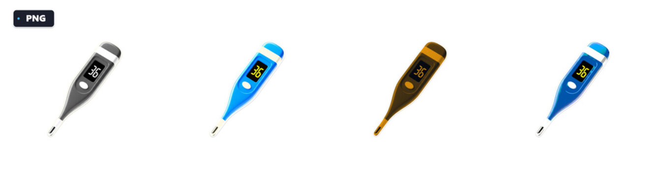 Isometric digital medical thermometers collection in four distinct color variants designed for healthcare websites and app UI design.