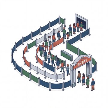 Isometric Illustration of People Waiting in a Long Queue at Entry
