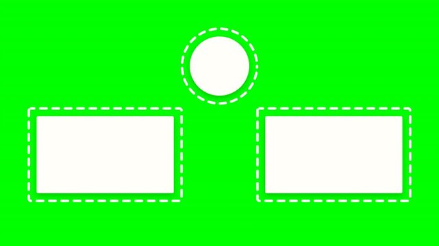 True-to-reference YouTube end screen layout featuring two 16:9 video placeholder cards shifted inwards with comfortable margin, a centered circle, smooth animated orbiting dashed borders, and subtle e