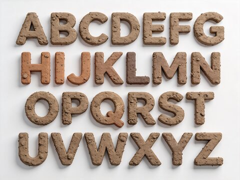 Wet mud clay uppercase alphabet A-Z, 3D textured letters set on white background, typography font for graphic and education design