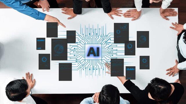 Group of Professionals Collaborating on Artificial Intelligence Solutions with a Central AI Logo Surrounded by Data Charts and Analytics Boards. Entropy.