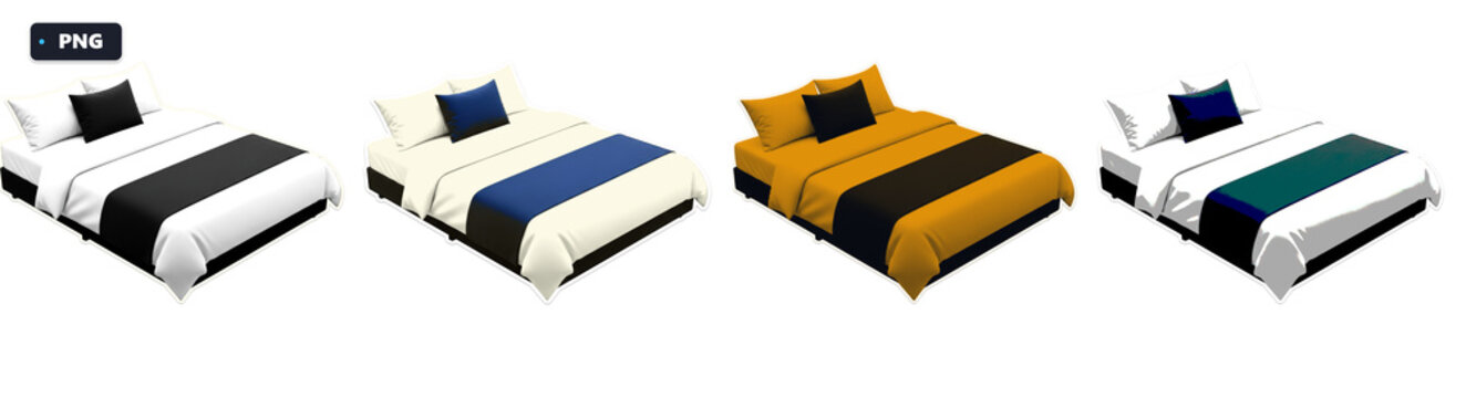 Modern hotel double beds with colorful pillows and runners in different color schemes for interior design and hospitality branding.