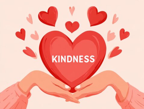 Hands holding red heart with kindness text and floating hearts