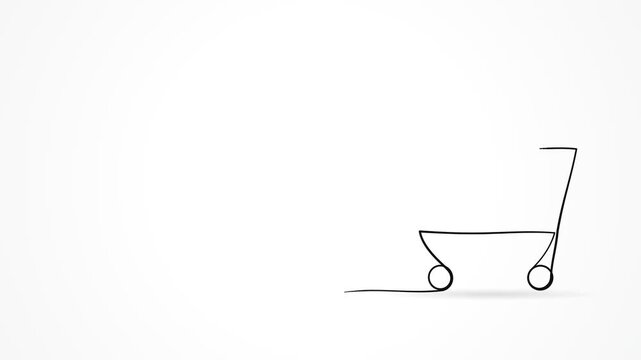 One line drawing shopping cart with bag animation, copy space left