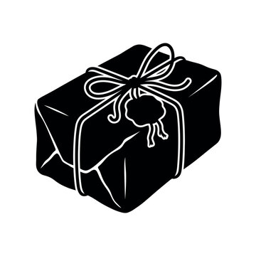Vintage wrapped gift box vector illustration, black package with bow string, minimalist present silhouette for holiday design