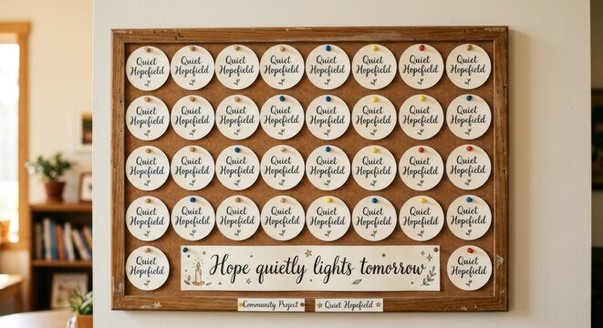 Organized Display of 'Quiet Hopefield' Paper Circles on Community Project Board