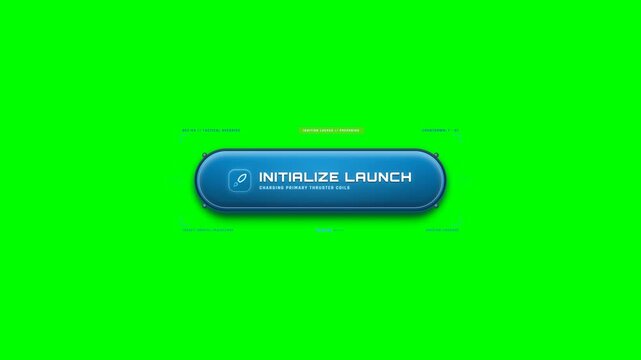 Futuristic 3D sci fi launch button animation with hydraulic press shockwave burst energy sparks and hud telemetry on chroma key green screen for gaming technology and video production