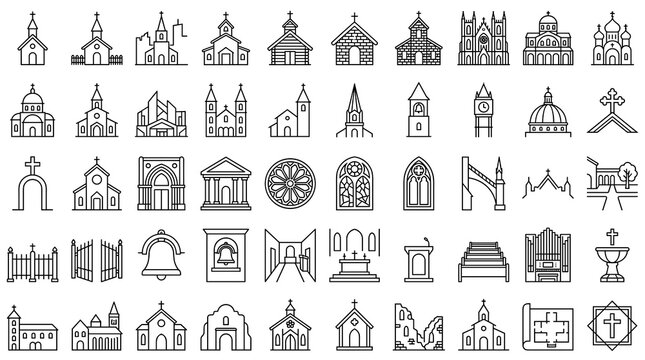 50 Minimal Church Building Vector Line Icons Featuring Sacred Architecture Chapels Steeples Crosses and Historic Religious Landmarks