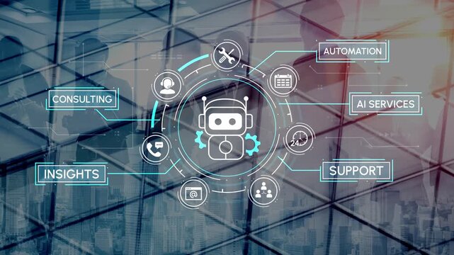 Futuristic digital landscape showing robotic elements, automation icons, and AI services in a modern urban setting with geometric patterns and reflections. Entropy.