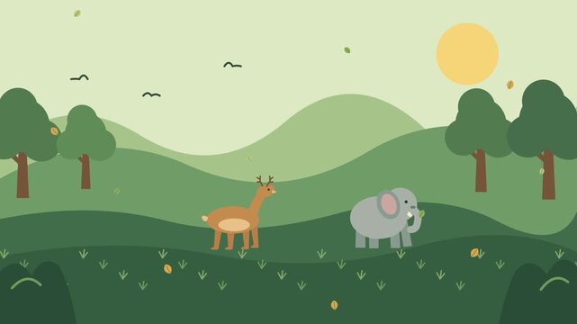 Cute cartoon illustration of a deer and elephant in a peaceful green forest landscape.