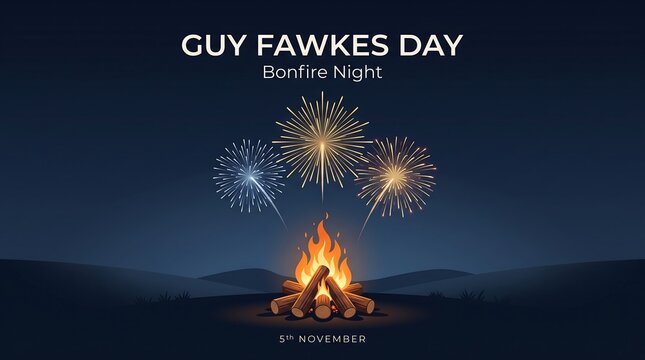 Guy fawkes night celebration with fireworks and bonfire on dark background