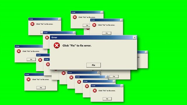 High-fidelity retro Windows XP style cascading error pop-up dialog boxes with authentic beveled UI, title bar gradients, smooth time-based spawn pop effect, and a seamless loop cycle on chroma key gre