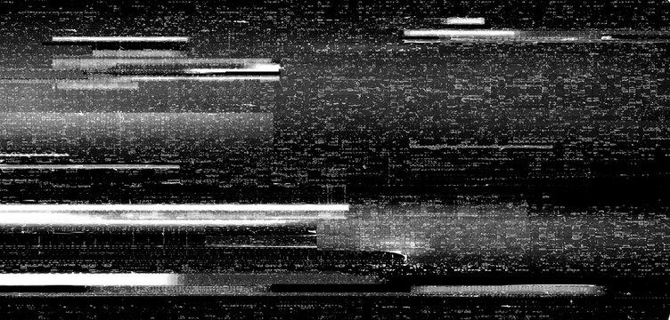 Black and white glitch noise texture, dark pixel glitch overlay with bright horizontal light streaks, scanline overlay, crt screen interference, analog tv signal error background