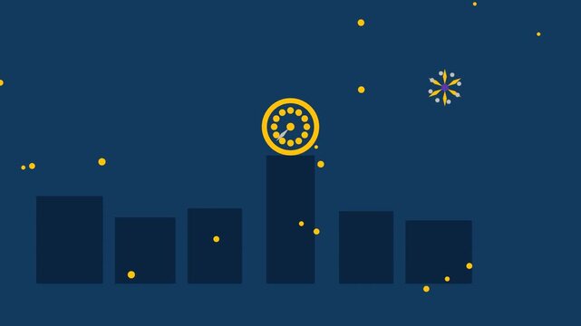 8-second seamless loop stop motion animation of a city skyline with a clock tower and fireworks at night
