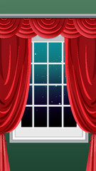 Naklejka premium Vector Illustration of a Window with Red Curtains and Night Sky
