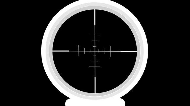 View through optical sight with crosshairs showing blurred distant landscape under clear sky representing precision target acquisition and focus