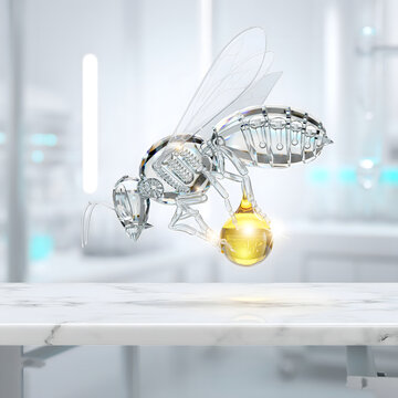 Futuristic mechanical robotic bee carrying honey golden drop in modern science lab, glass cybernetic insect drone for biotechnology concept, high tech artificial intelligence honeybee for