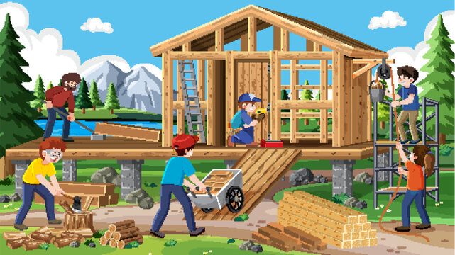 People Building Wooden House Using Simple Machines Vector Illustration