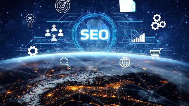 Digital Marketing Concept with SEO Icons Over Earth View at Night Showing Global Connectivity and Online Strategies for Business Growth and Visibility. Entropy.