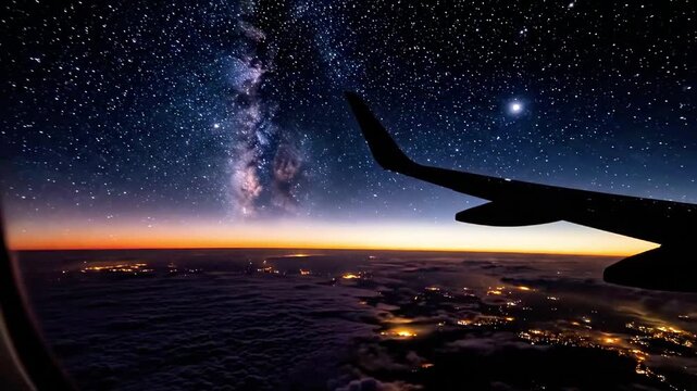 Airplane wing flying over clouds during a bright sunset.