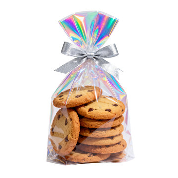 Packaged chocolate chip cookies in iridescent bag with silver bow