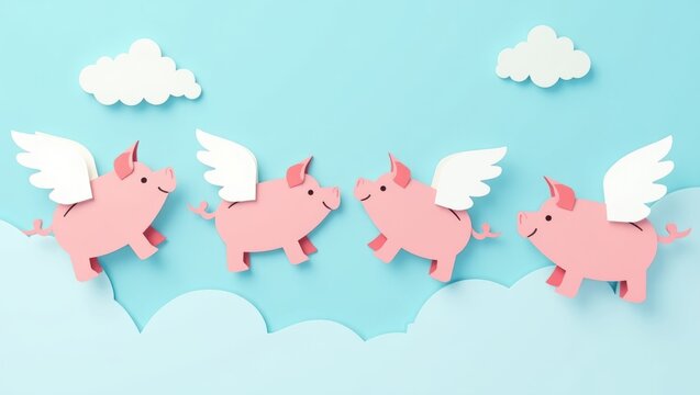 Flying Pink Paper Pigs with White Wings in Sky