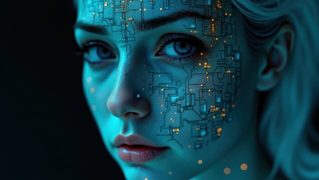 Close-up Portrait of Woman with Futuristic Circuit Face Art