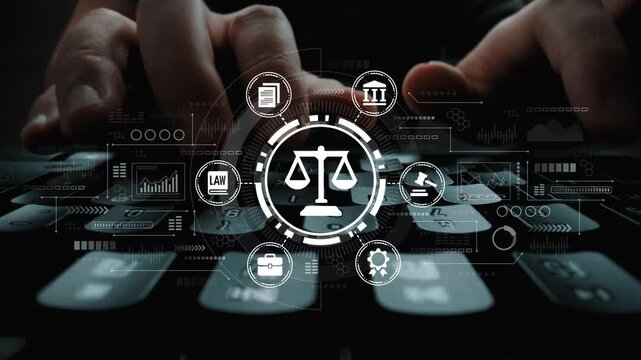 Digital Justice: Technology and Law Interface, Legal Scales Over Keyboard With Icons Representing Law, Court, and Security in a Modern Legal Environment. Entropy.