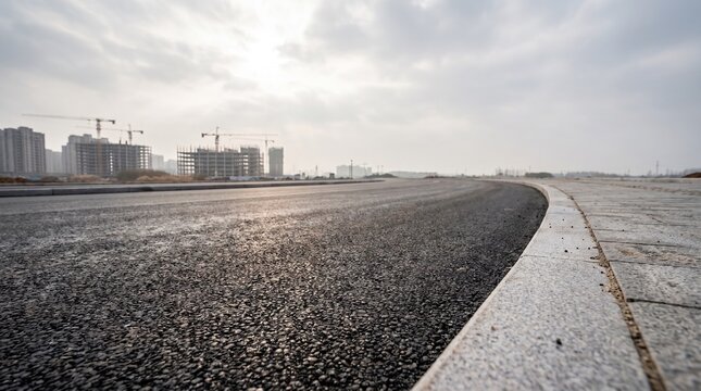 Asphalt road curve, with concrete curb and grey sidewalk, extending toward building construction site, in urban development zone, civil engineering photography