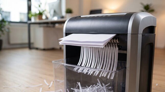 Modern office paper shredder, with shredded documents falling into bin, destroying confidential files, inside a corporate workplace, business photography