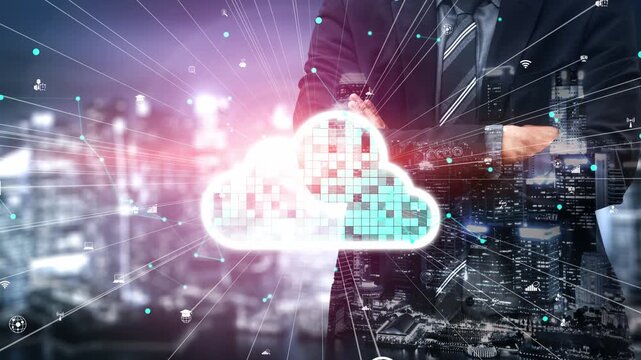A modern businessman engages with digital cloud technology, symbolizing connectivity and innovation in an urban landscape, representing the future of data management. Xenic
