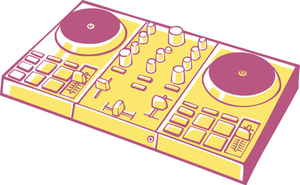 Stylized yellow and magenta DJ controller with dual turntables