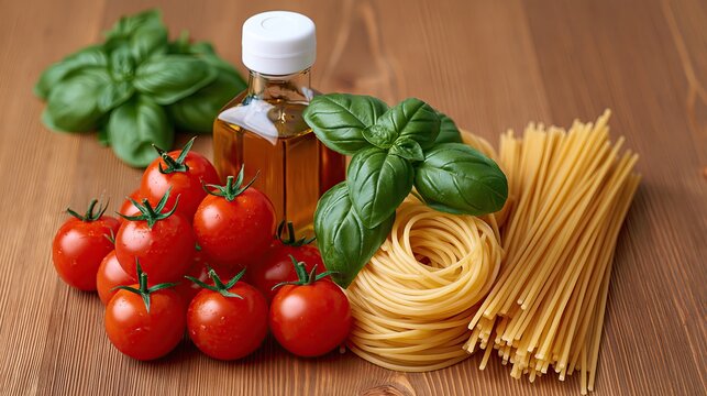 Raw spaghetti pasta, cherry tomatoes, basil and olive oil on wooden table, fresh ingredients for Italian cuisine