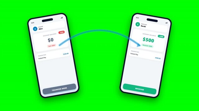 Authentic mobile banking transfer animation with dual smartphones, sending transaction to recipient, curved dynamic transfer arrow trajectory, flying gold coin, and animated balance counting loop on g