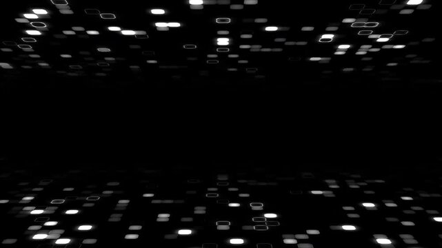 White neon blocks scattered across solid black background for copy space evokes digital matrix, ideal for tron backgrounds, cybersecurity concepts, data networks, and presentations.