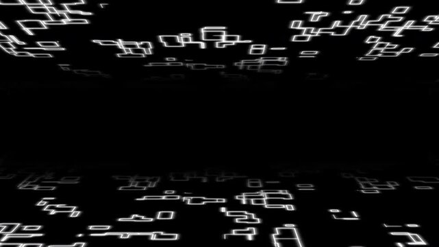 White monochrome pixelated matrix corridor creates a retro digital tunnel tron background, ideal for technology posters, gaming graphics, cybersecurity presentations, wallpapers, and sci-fi designs.