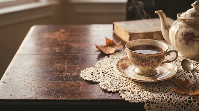 Warm and nostalgic still life with a vintage porcelain teapot and tea set on a wooden surface