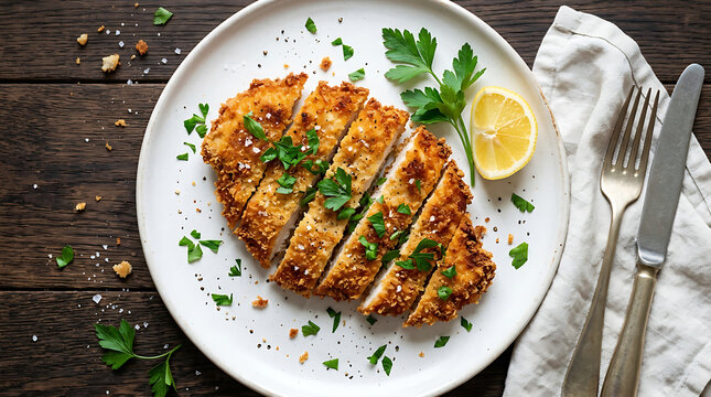 Crispy Breaded Chicken Cutlet on a White Plate Garnished with Fresh Parsley, Overhead View of Golden Fried Chicken for Food Photography, Restaurant Menu, and Culinary Advertising