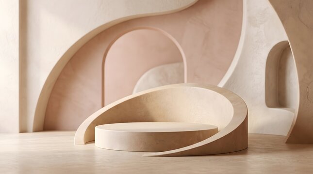 Curved pedestal with arched backdrop rendered in a neutral color palette