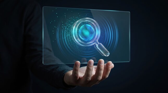 A digital magnifying glass icon floating above a human hand representing online search and data analysis technology