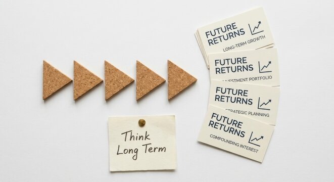Cork Triangles Pointing Forward Next to Future Returns Cards and 'Think Long Term' Note