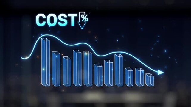 A robotic hand points at a digital cost graph showcasing a downward trend, symbolizing the intersection of technology, finance, and innovation in data analysis. Synapse