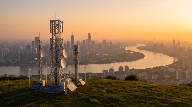 Telecommunication 5G cellular tower powered by solar panels overlooking modern city skyline at sunset