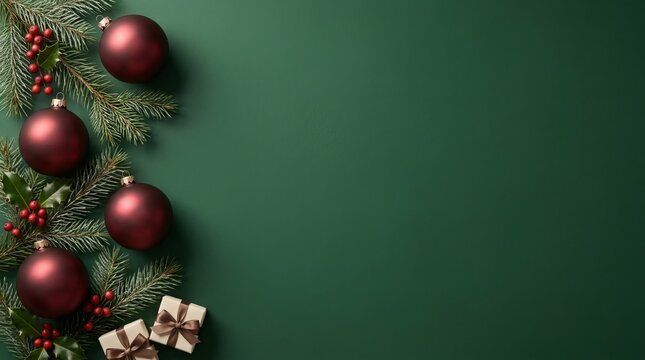 Dark red ornaments and greenery frame a festive composition, background representing holiday cheer, warm lighting, and winter celebration