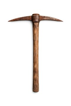 Rustic pickaxe with a wooden handle and metal head on a white background.